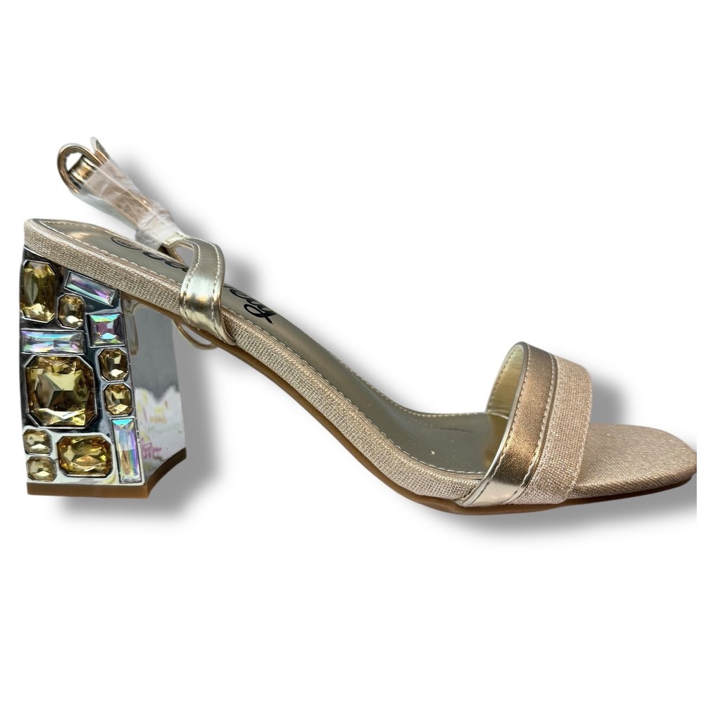 Belovey Sz 6.5 Women Gold Crystal Embellished Block Heel Ankle Strap Sandals - Picture 6 of 15